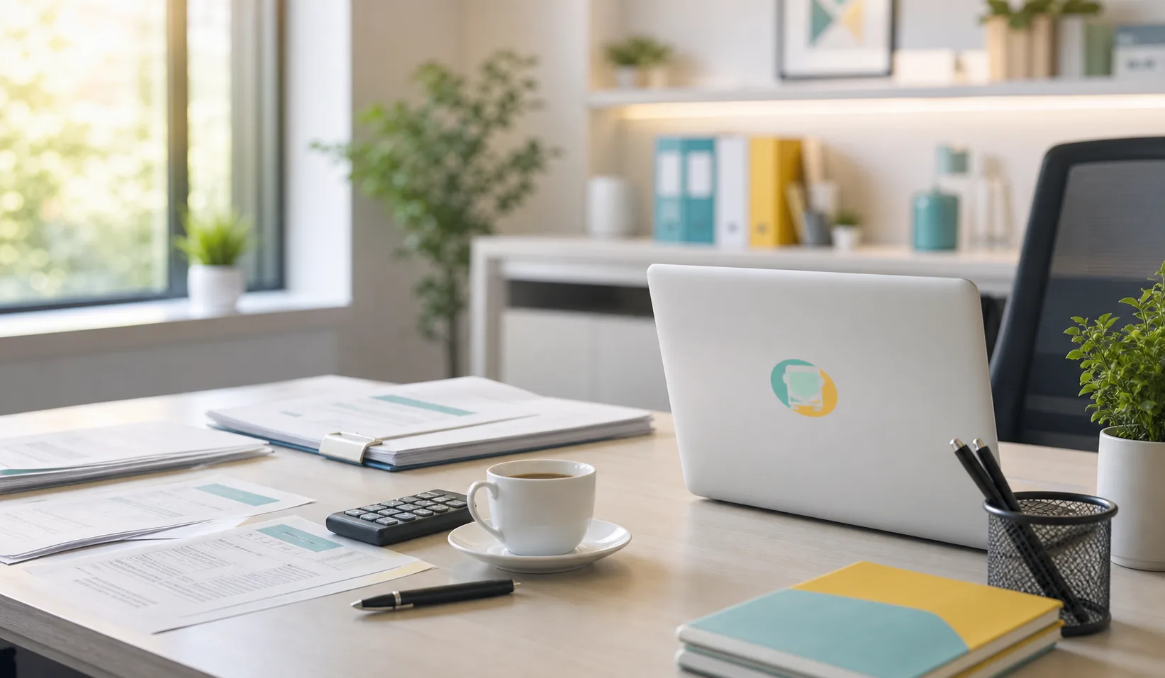 Mesa de escritório contábil com documentos fiscais e notebook da CTE Brasil